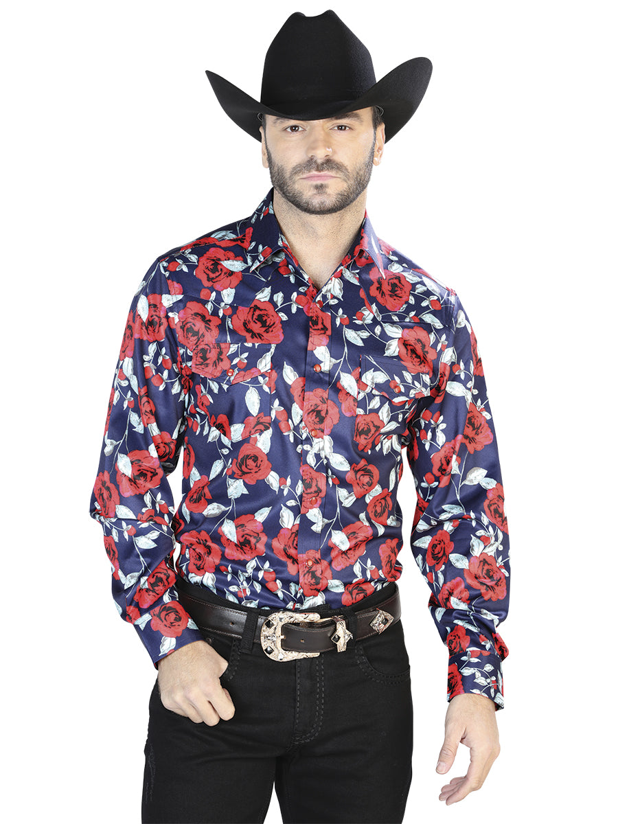 Blue With Print Roses Casual Long Sleeve Shirt 44098