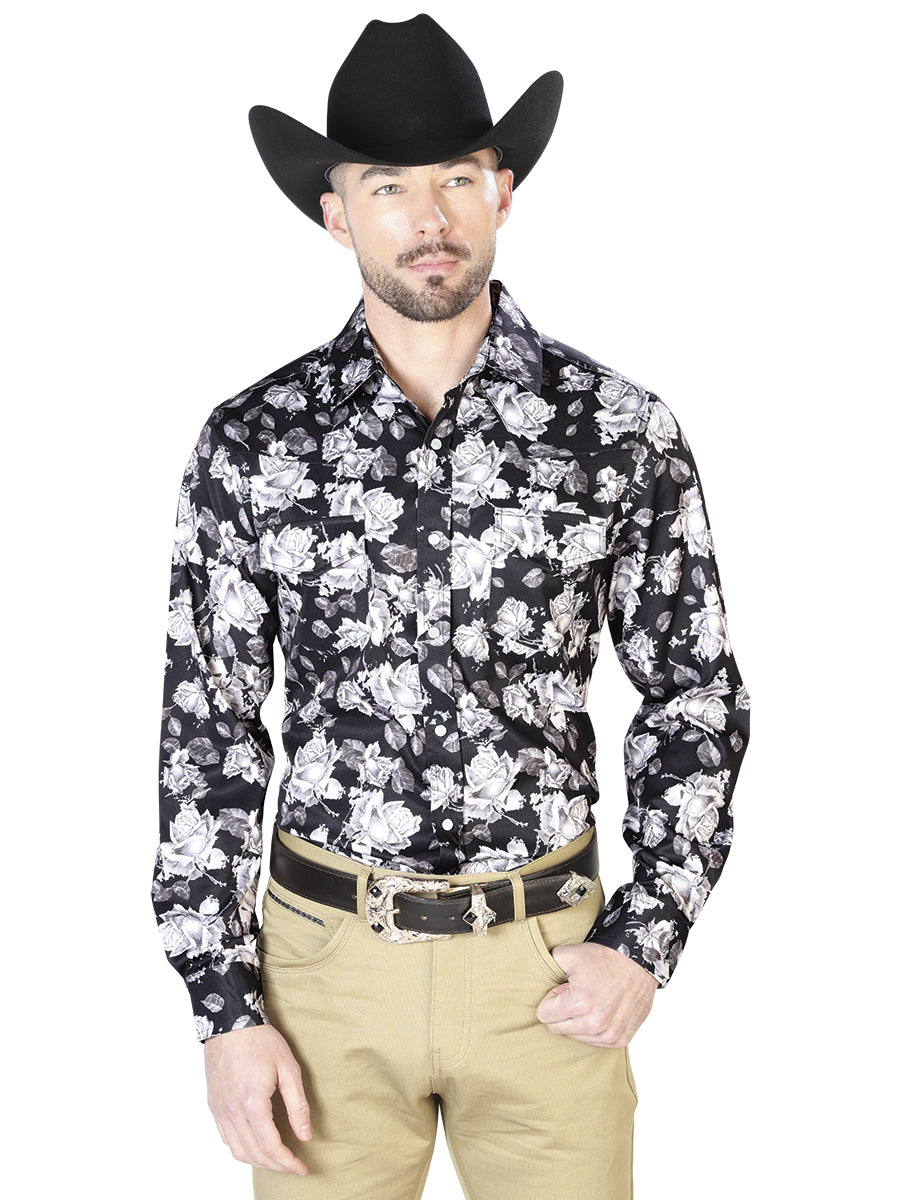 Black Flower Print Casual Long Sleeve Shirt 43960