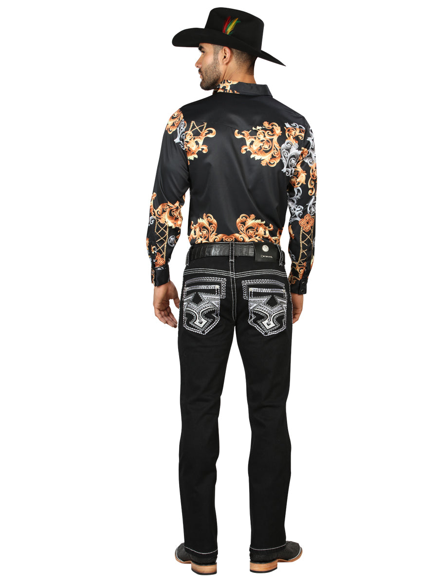 Centenario Men's Black Denim with White/Gray Embroidered Details  45310
